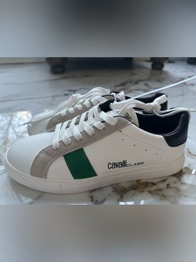 Cavalli Class Unisex White Sneakers with Green Accent